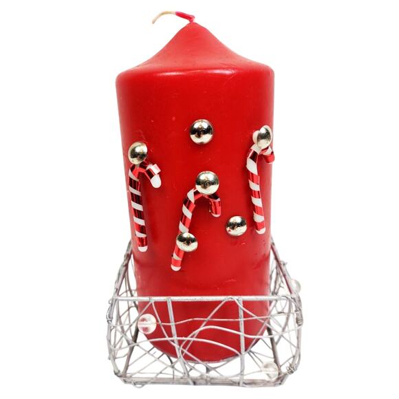 Handmade Christmas Candy Cane Pillar Candle 6oz w Wire Basket Red Holiday - Picture 1 of 12